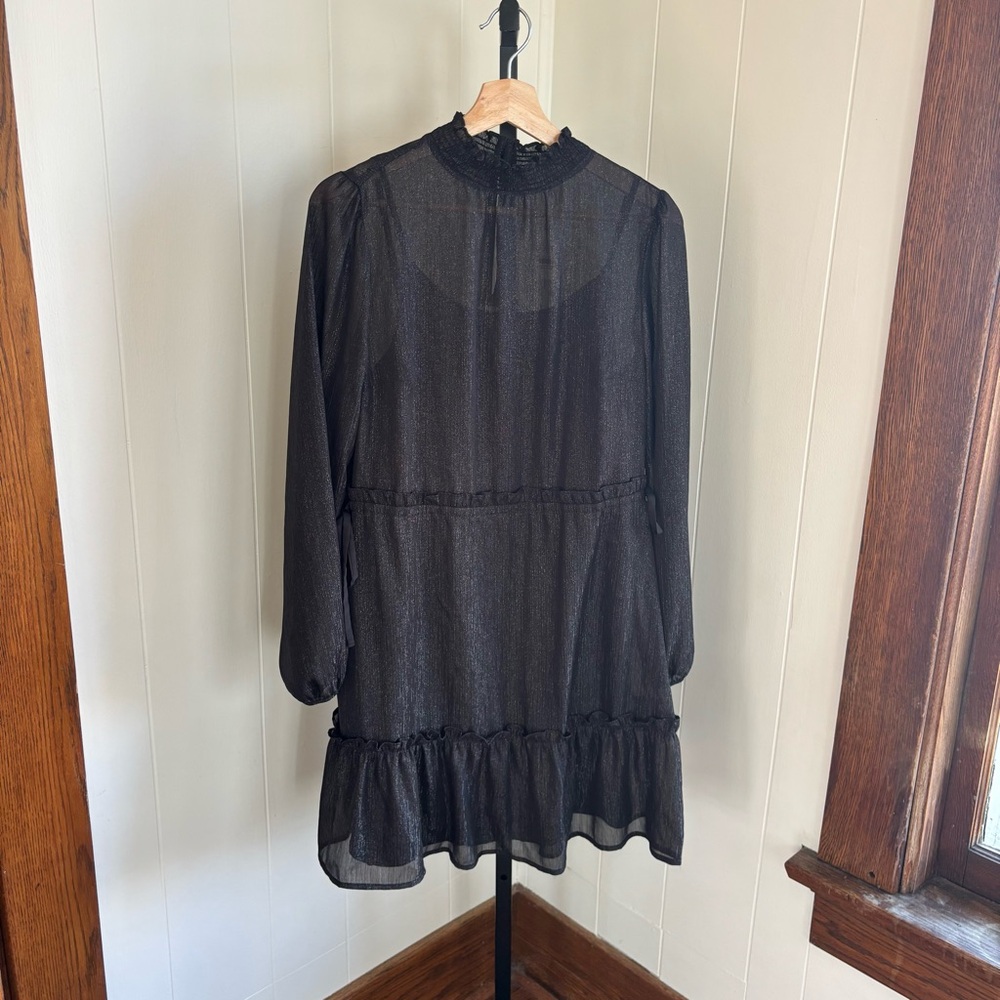 LOFT Womens Small Metallic Black Smocked Neck Tiered Swing Dress Vampy Sheer NWT